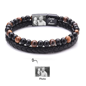 Personalized Custom Photo Text Memorial Leather Pearl Bracelet