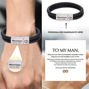 To My Man,Personalized Leather Stainless Steel Men's Engraved Bracelet