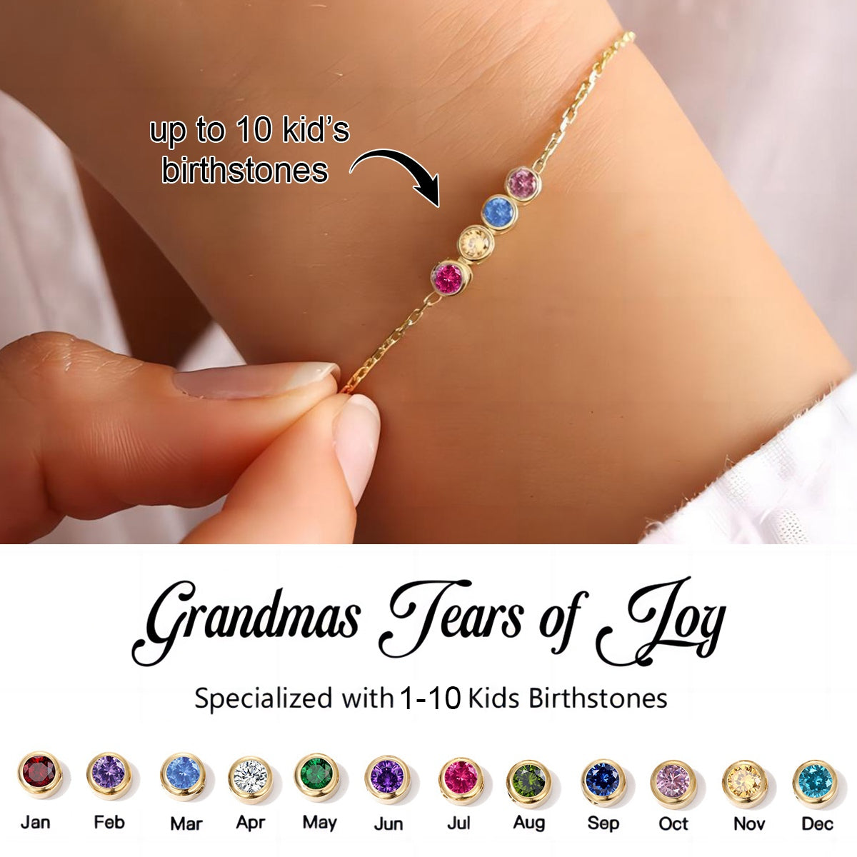 Personalized Grandma Mom 1-10 Family Birthstones Bracelet