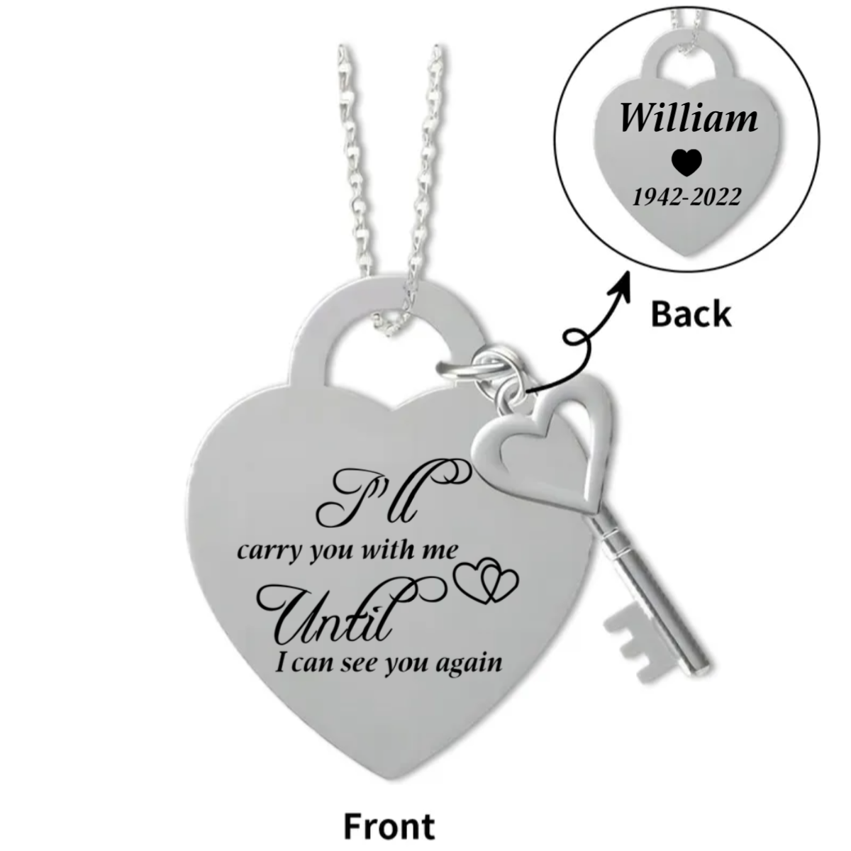 Personalized Memorial Heart Necklace With Heart Key