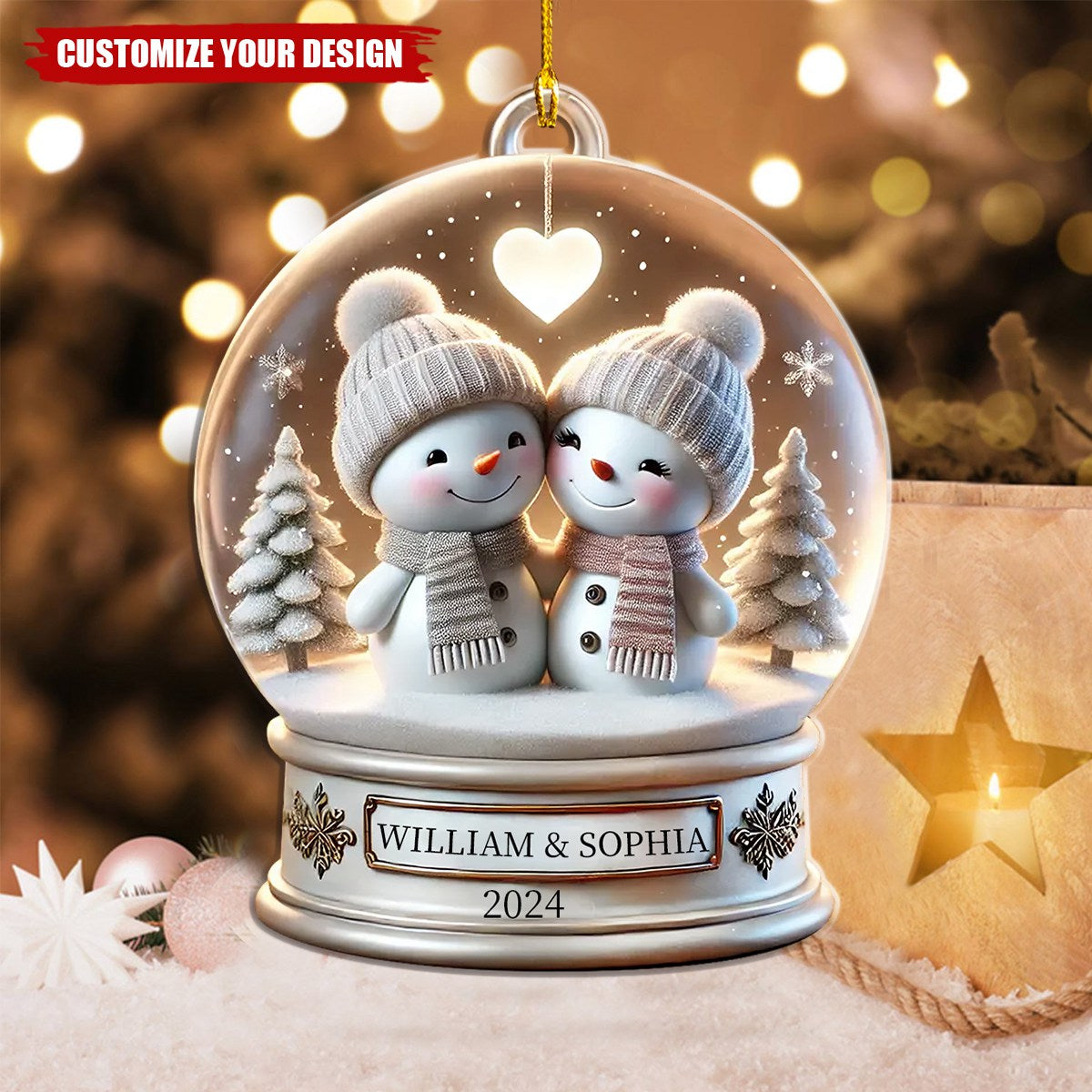 Snow Globe Snowman Couple White Christmas Acrylic Ornament