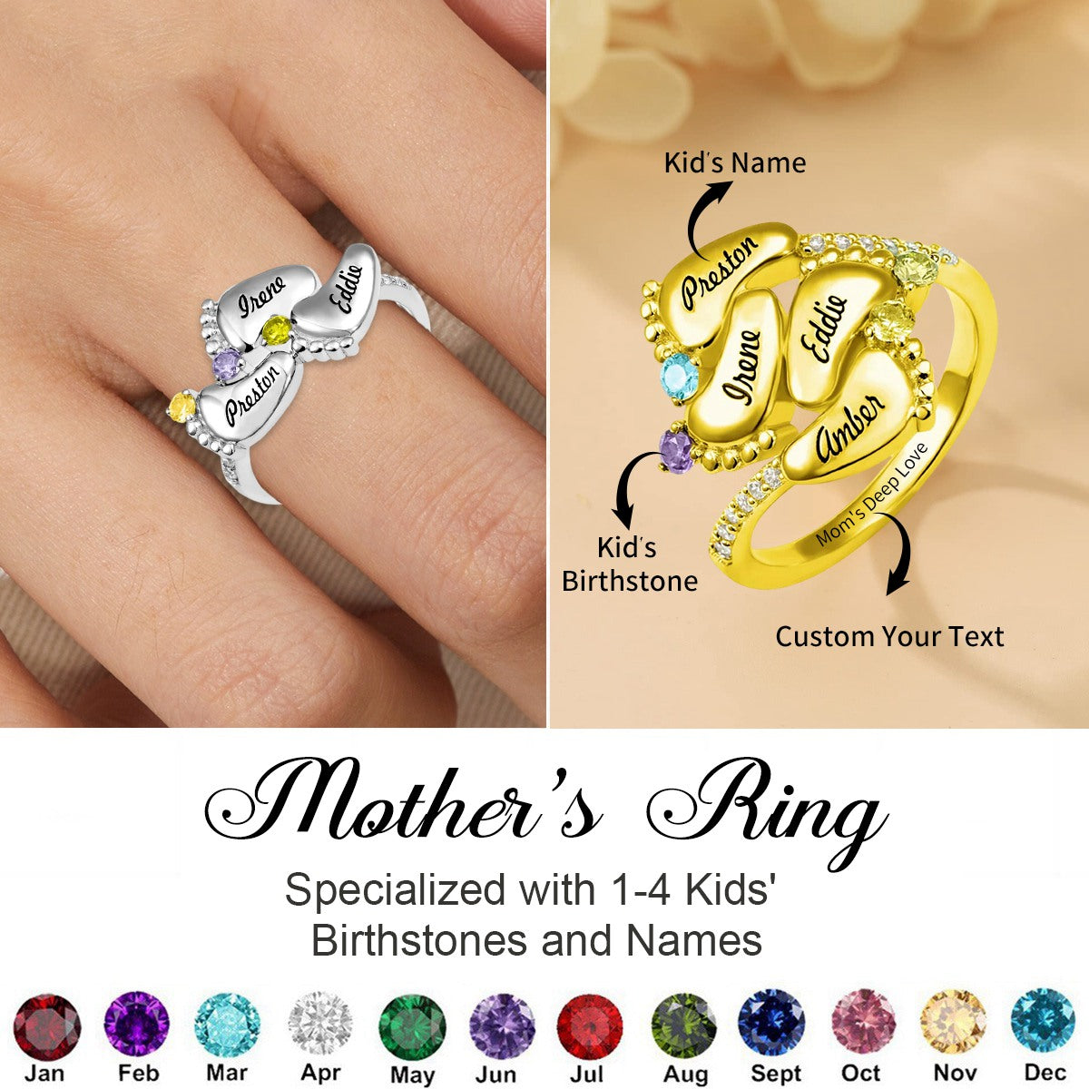 Personalized Mom 1-4 Family Footprint Birthstones And Names Ring