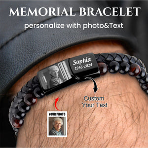 Personalized Custom Photo Text Memorial Leather Pearl Bracelet