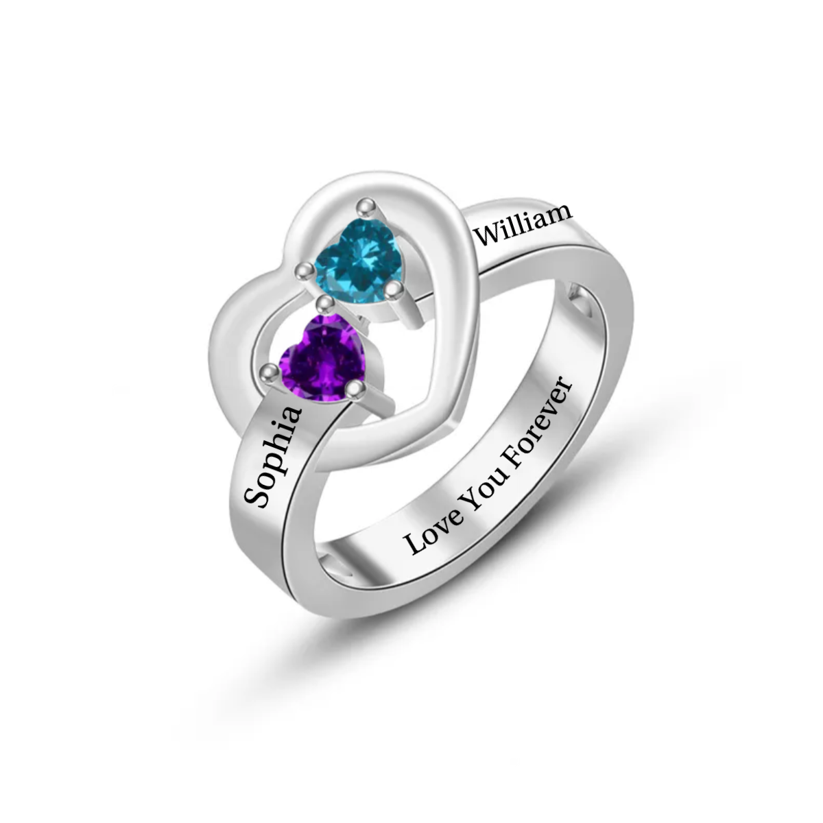 Personalized Two Hearts Linked Together Birthstone Ring