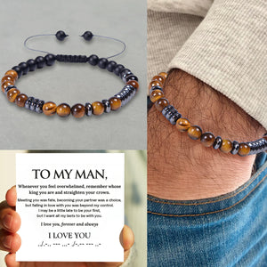 To My Man -I Love You Forever & Always Tiger Eye Crystal Stone Morse Code Bracelet