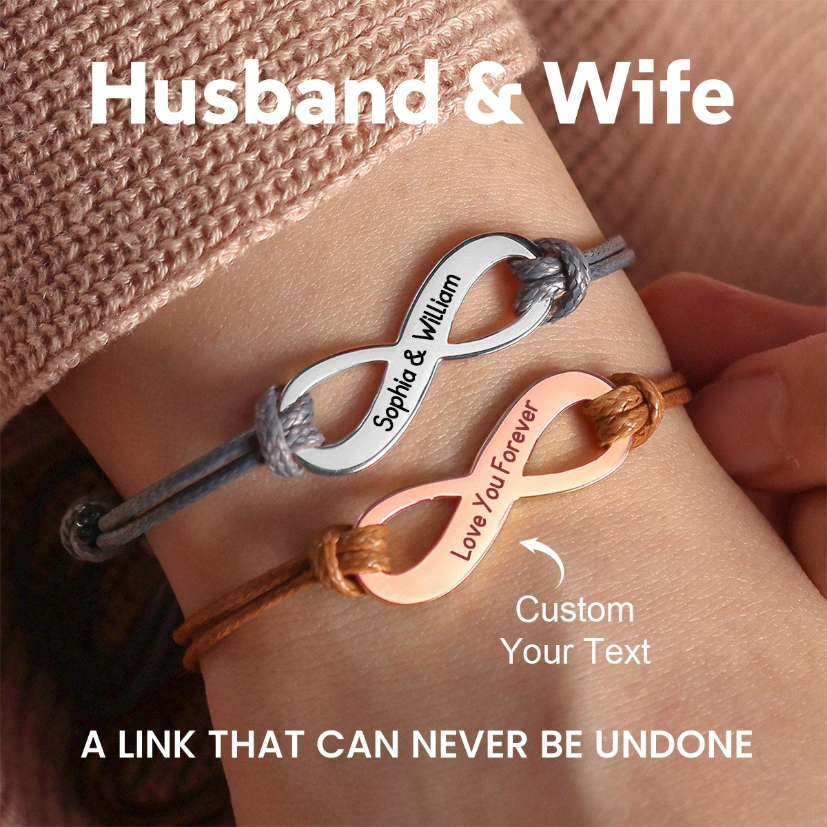 Personalized Custom Text Infinity Braided Rope Bracelet - Gift For Couple