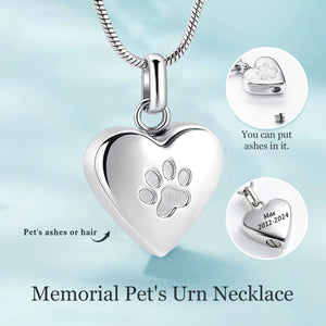 Personalized Memorial Urn Heart Paw Ashes Necklace- Gift For Pet Lovers