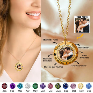 Personalized Double Birthstones Couple Photo Circle Necklace