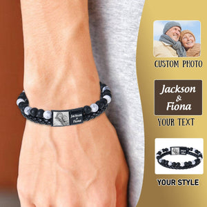 Personalized Custom Photo Text Memorial Leather Pearl Bracelet