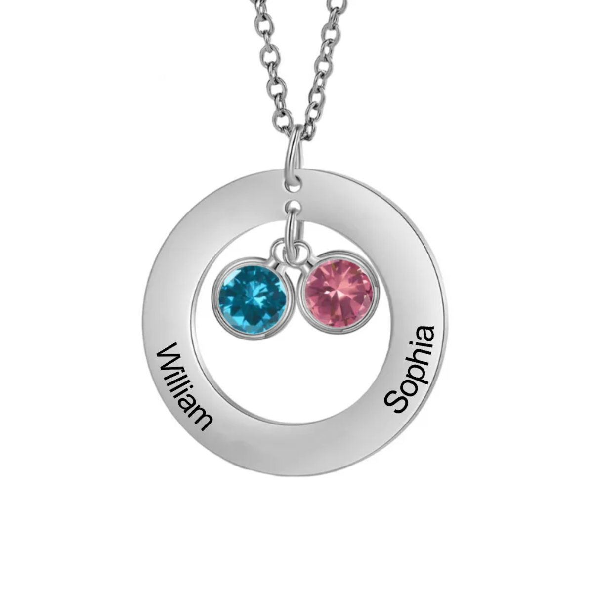 Personalized Birthstone Couple Names Circle Necklace