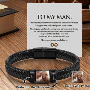 To My Man,Personalized Couple Names Photo Leather Bracelet