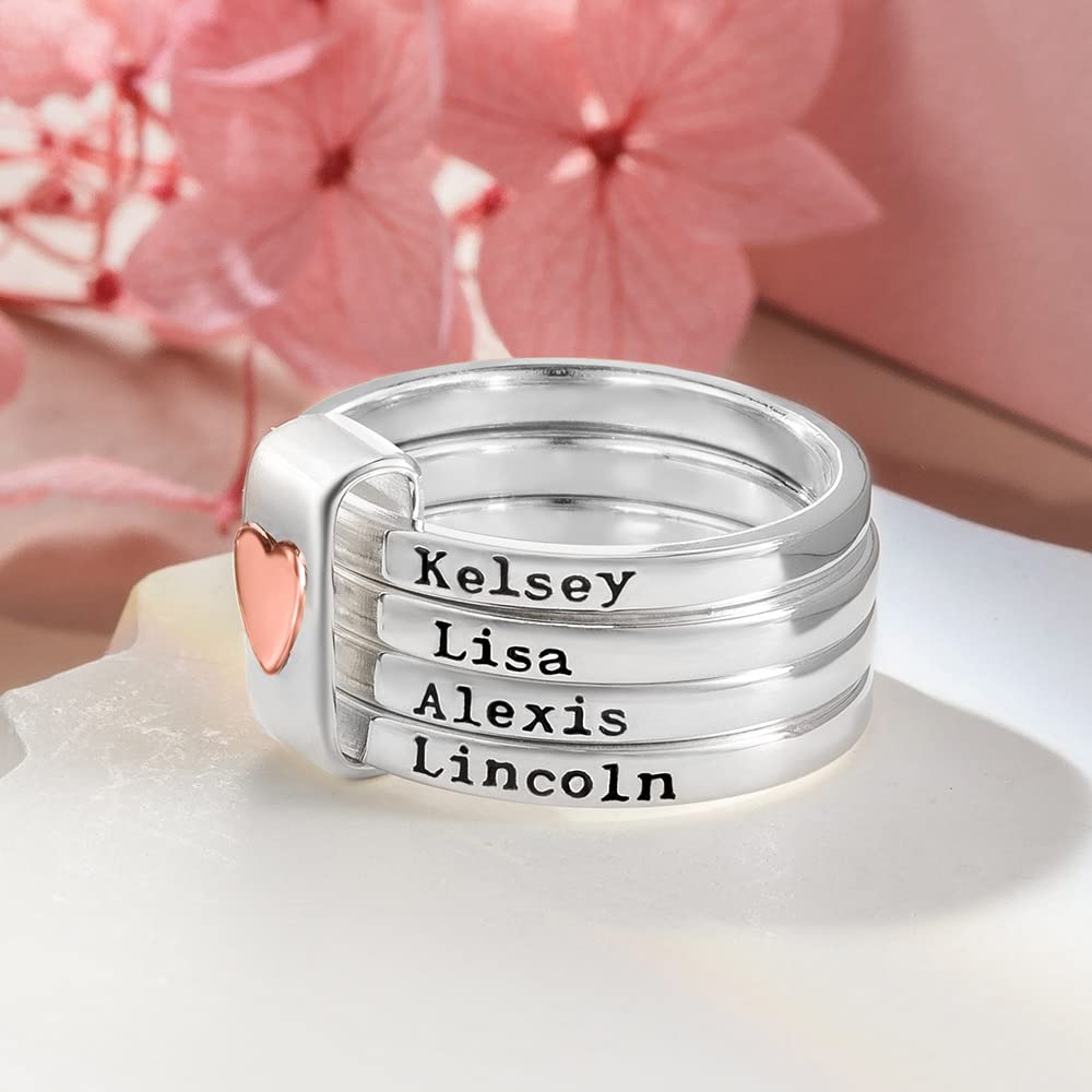 Personalized Love Heart Family Name Stacking Rings for Mothers & Grandmothers