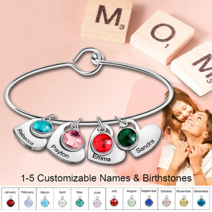 Personalized Mother's Bangle Bracelet With Custom Heart Charms & Birthstones