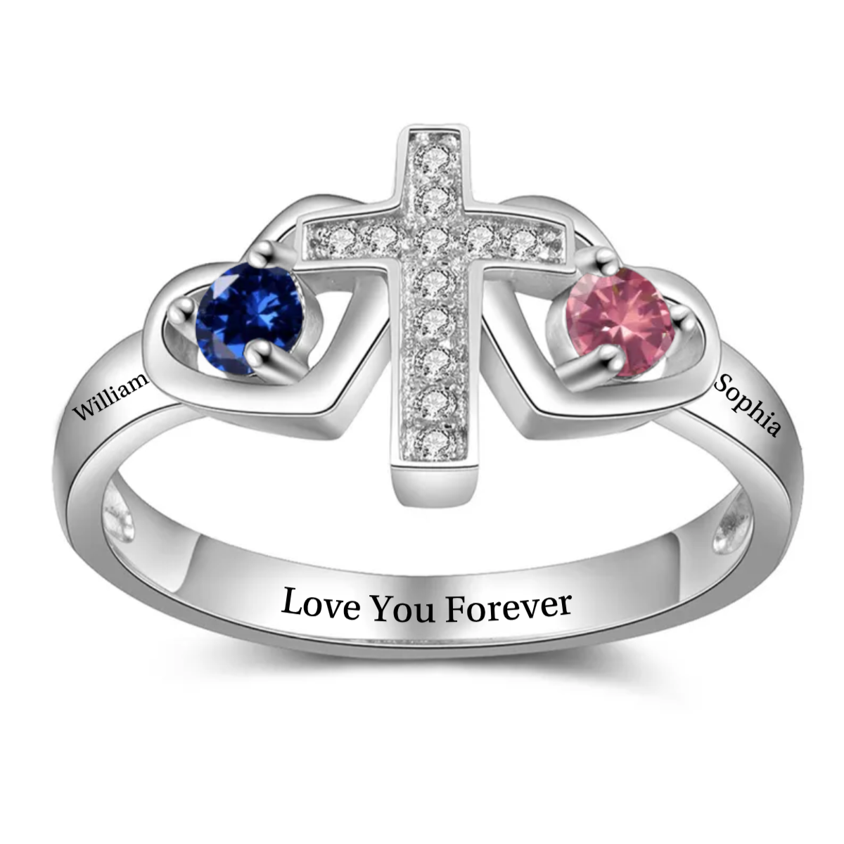 Personalized Name Faith Birthstone Promise Cross Ring