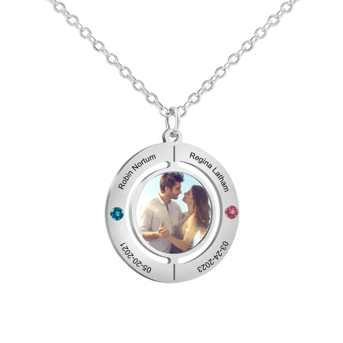 Personalized Double Birthstones Couple Photo Circle Necklace