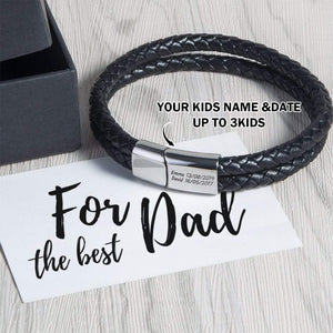 Personalized  Engraved Bracelet With Black Leather - Gift For Dad