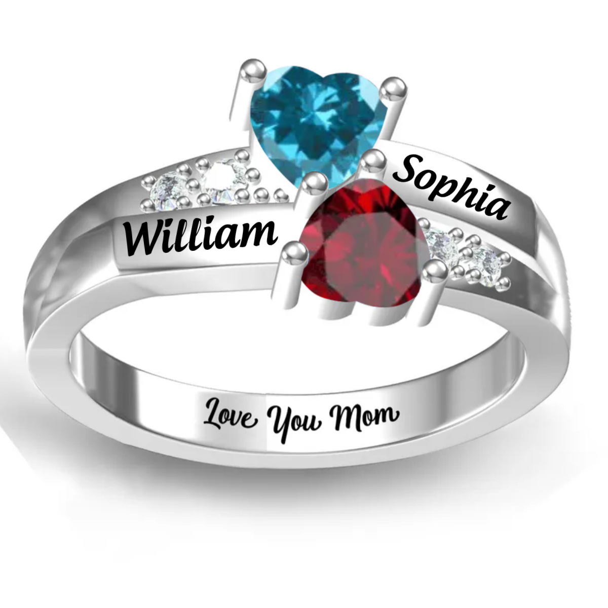 Love You Mom Personalized Heart Cluster Birthstone Ring