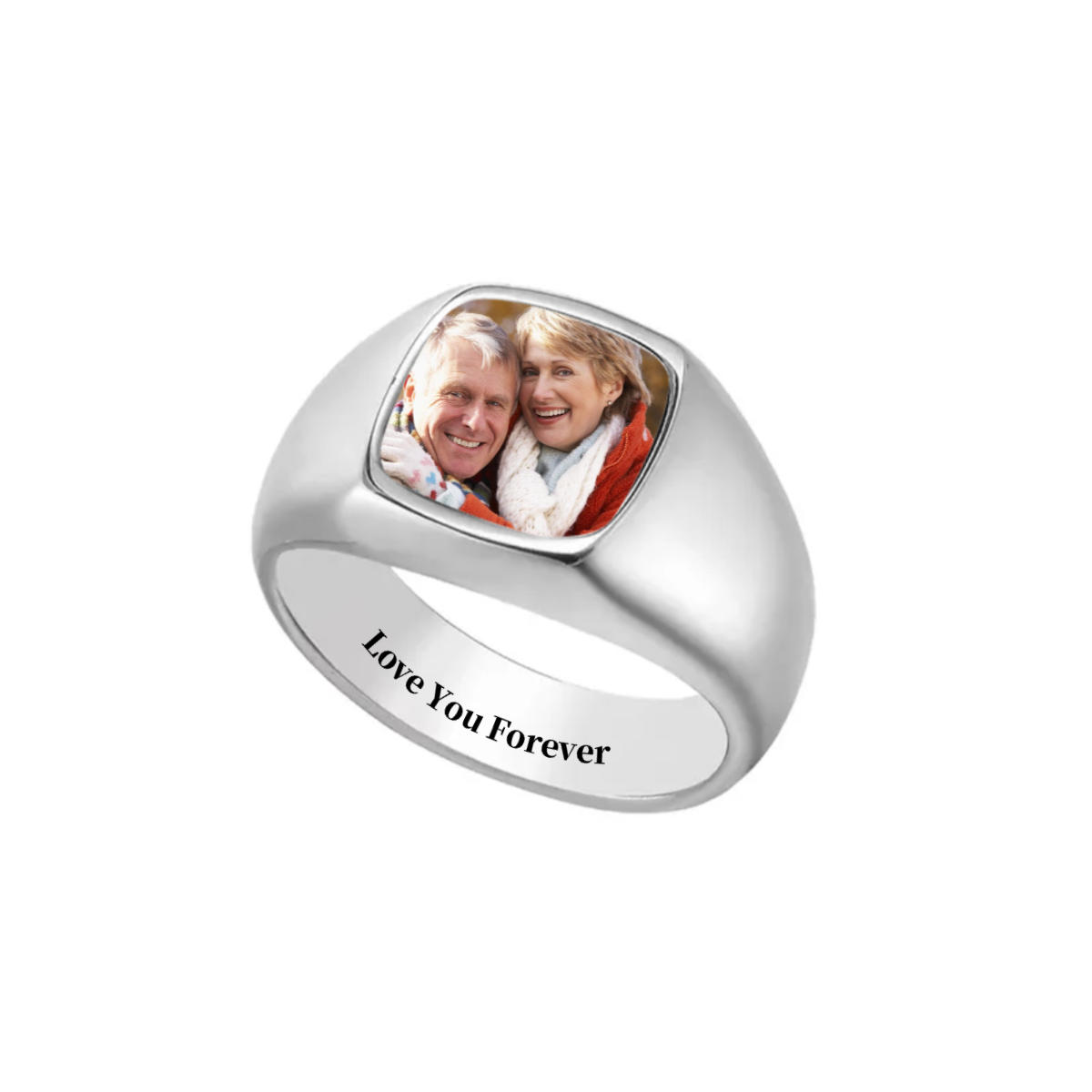 Love You Forever - Personalized Upload Photo Square Ring For Couple