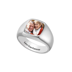 Love You Forever - Personalized Upload Photo Square Ring For Couple