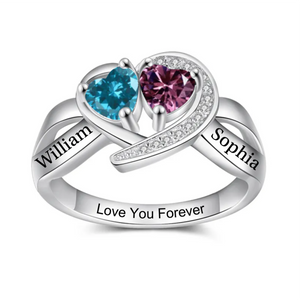 Personalized Two Hearts Linked Together Birthstone Ring