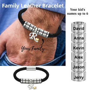 Personalized 1-6 Kids Names Family Initial Leather Bracelet - Gift For Dad/Grandpa