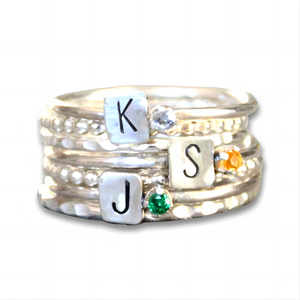 Personalized Grandma Mom Birthstone Initials Stacking Rings