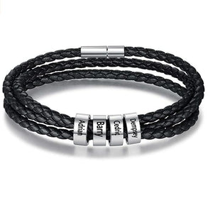 Personalized Men Braided Leather Bracelet With Small Custom Beads