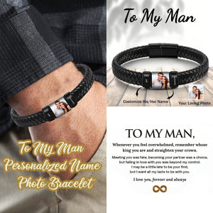 To My Man,Personalized Couple Names Photo Leather Bracelet