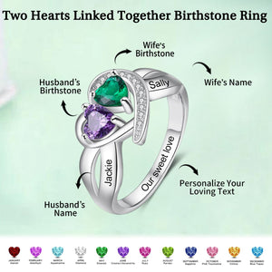 Personalized Two Hearts Linked Together Birthstone Ring