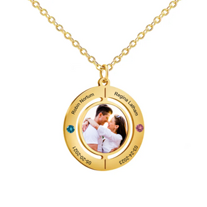 Personalized Double Birthstones Couple Photo Circle Necklace