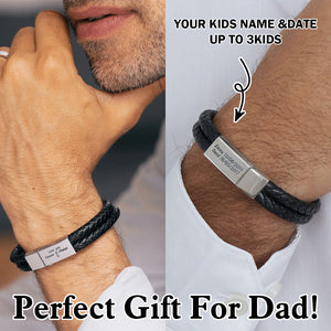 Personalized  Engraved Bracelet With Black Leather - Gift For Dad