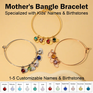 Personalized Mother's Bangle Bracelet With Custom Heart Charms & Birthstones