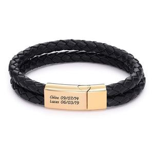 Personalized  Engraved Bracelet With Black Leather - Gift For Dad