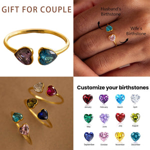 Personalized Couple Promise Heart Double Heart Birthstones Ring