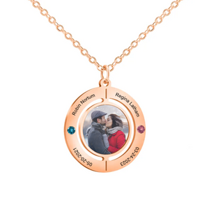 Personalized Double Birthstones Couple Photo Circle Necklace