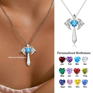 Angel Wings Cross Birthstone Necklace - Personalized Memorial Gift