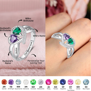 Personalized Two Hearts Linked Together Birthstone Ring