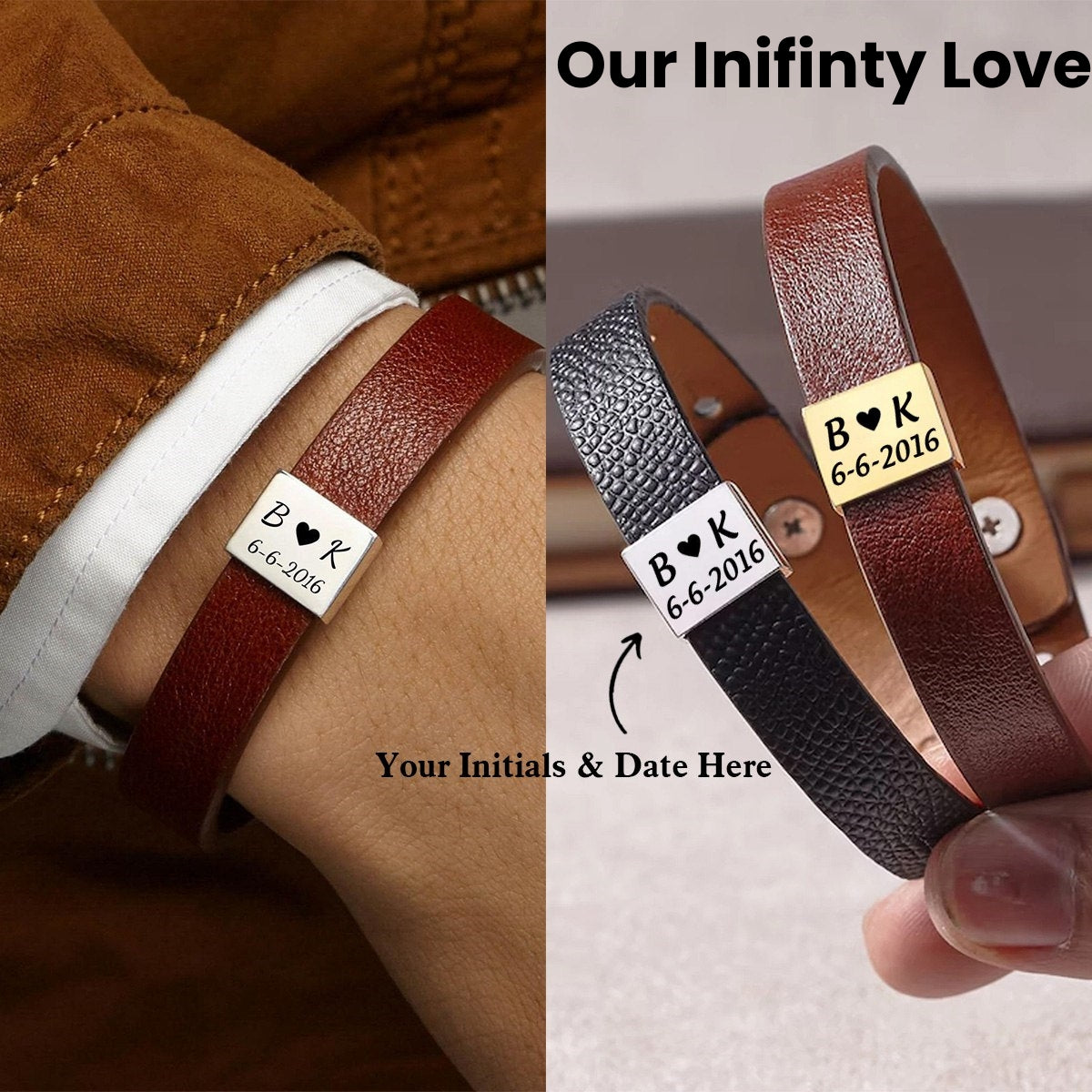 Personalized Custom Initials and Hidden Message Matching Leather Bracelet For Couple