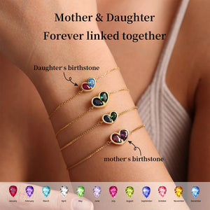 Personalized Mother & Daughter Forever Linked Together Custom Heart Birthstones Bracelet