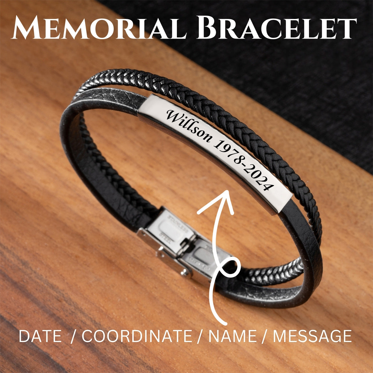 Personalized Engraved Memorial Text Personalized Leather Bracelet