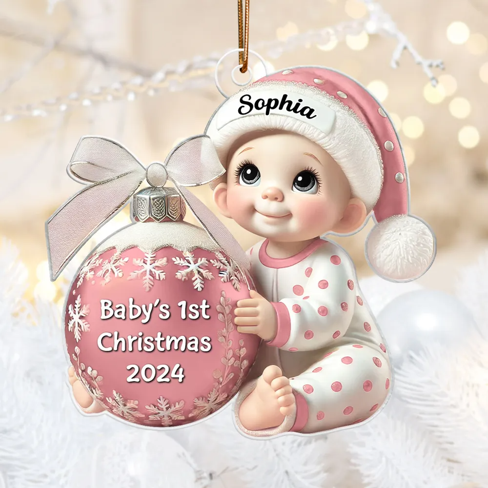 Baby Holding Christmas Bauble 3D Effect Baby's First Christmas Personalized Acrylic Flat Ornament