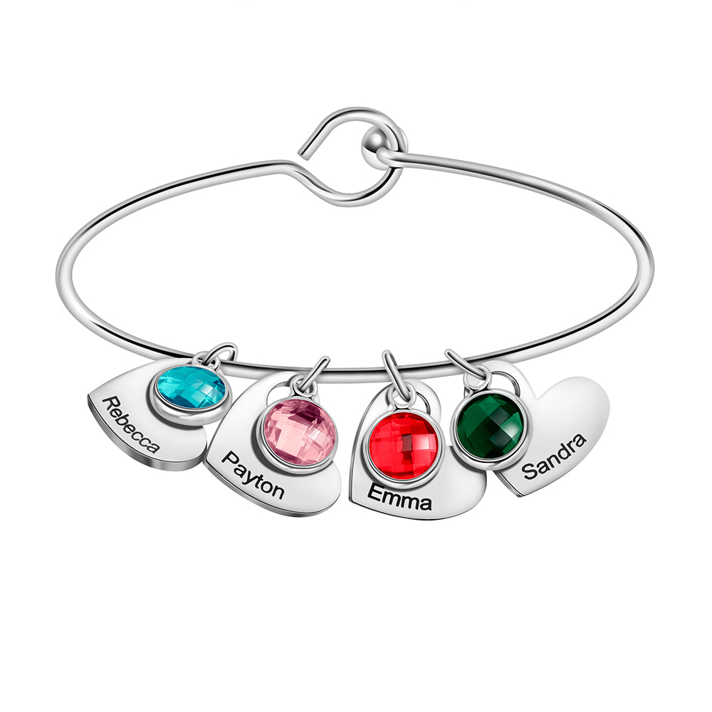 Personalized Mother's Bangle Bracelet With Custom Heart Charms & Birthstones