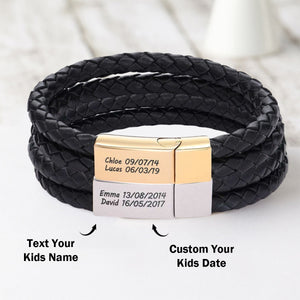 Personalized  Engraved Bracelet With Black Leather - Gift For Dad