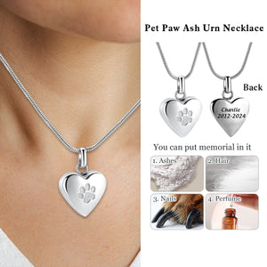 Personalized Memorial Urn Heart Paw Ashes Necklace- Gift For Pet Lovers