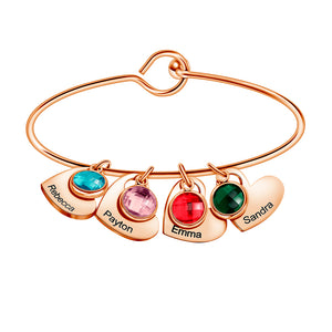 Personalized Mother's Bangle Bracelet With Custom Heart Charms & Birthstones