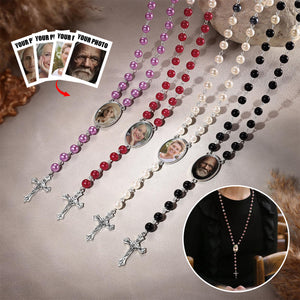 Personalized Memorial Rosary Beads Cross Photo Necklace