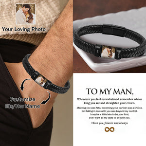 To My Man,Personalized Couple Names Photo Leather Bracelet