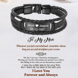 To My Man,Personalized Mens Engraved Text Leather Bracelet