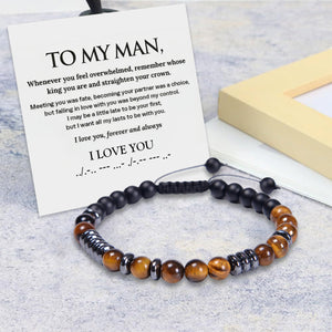 To My Man -I Love You Forever & Always Tiger Eye Crystal Stone Morse Code Bracelet