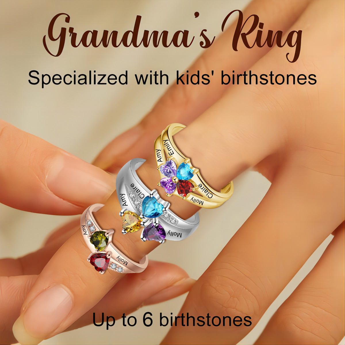 Personalized Grandma Mom Family 2-6 Birthstone Name Ring - Gift For Christmas